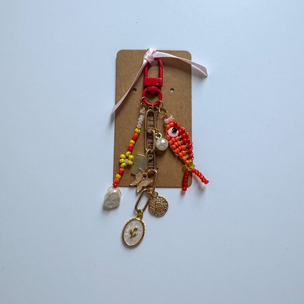 Handmade Beaded Fish + Charm Keychain